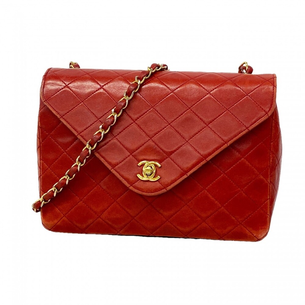 Chanel Matelassé Shoulder Bag, Double Chain, Lambskin, Red, Women's, P3098734